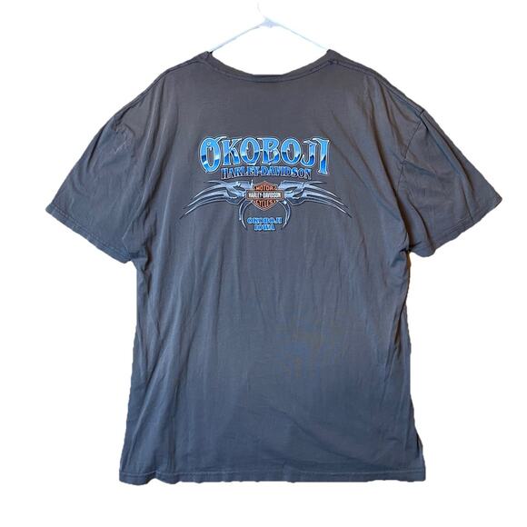 Harley Davidson T Shirt XL Gray Oil Can Pocket Tee Okoboji Graphic 2018 - Picture 1 of 16